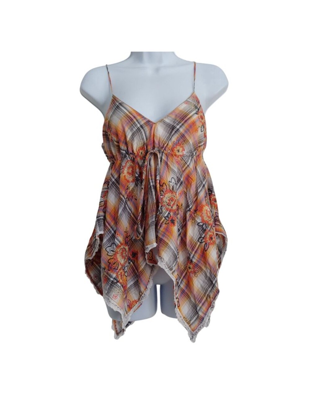 Chelsea & Violet Top M Plaid Embroidered Handkerchief Hem Babydoll Indie Y2K
